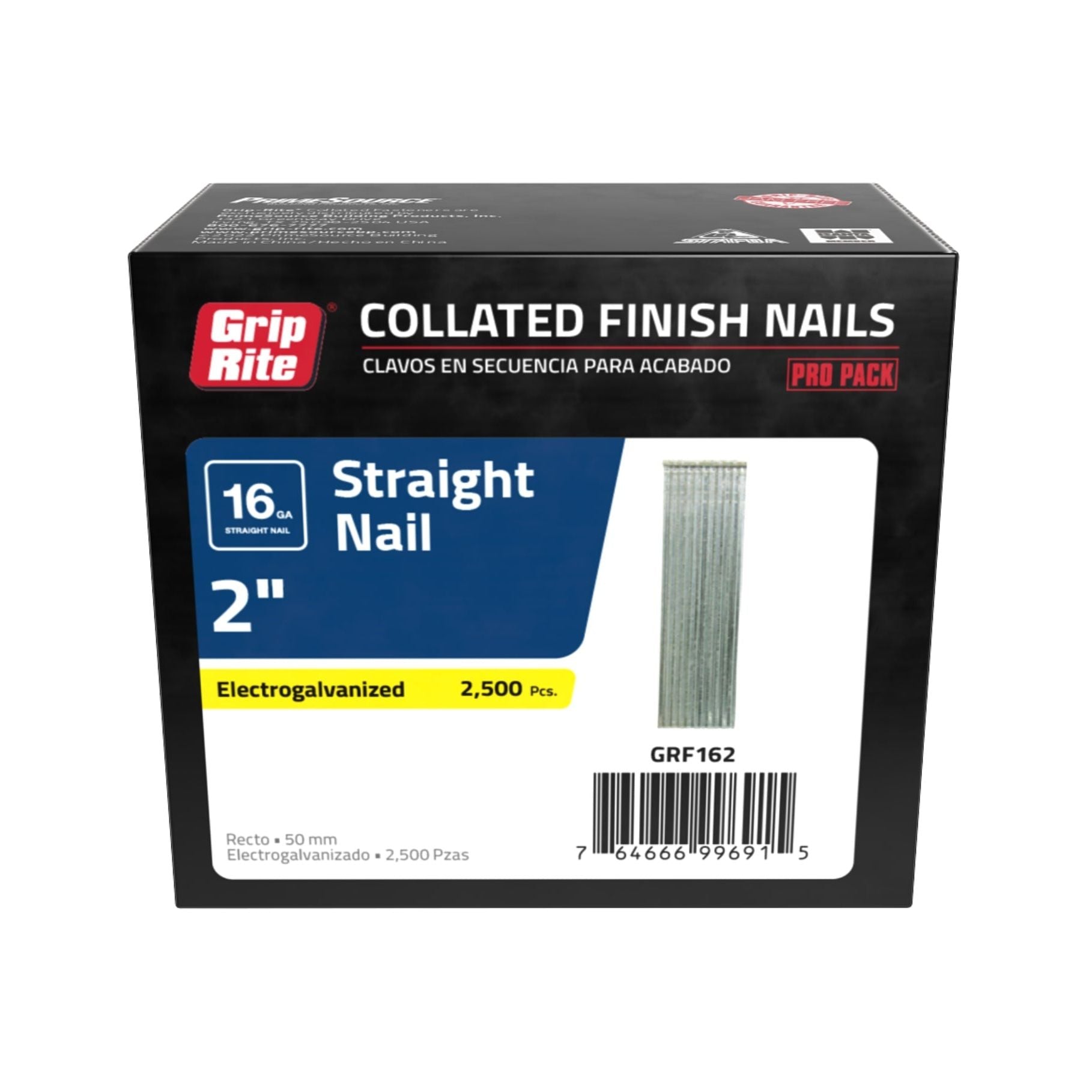 An image features a box of GRIP-RITE GRF162 2 in. 16-gauge electrogalvanized collated finish nails by Grip-Rite, ideal for interior finishes. The pack includes 2,500 nails and offers a jam-free guarantee.
